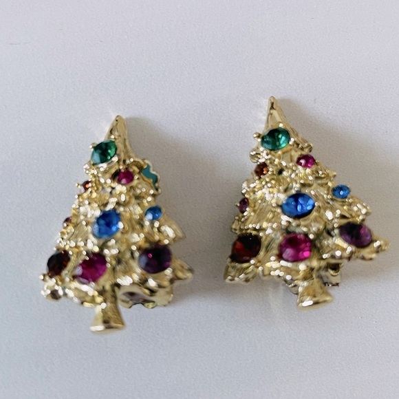 Vintage Christmas Tree Rhinestone Clip-On Earrings- Gold- Costume Jewelry - Picture 1 of 4